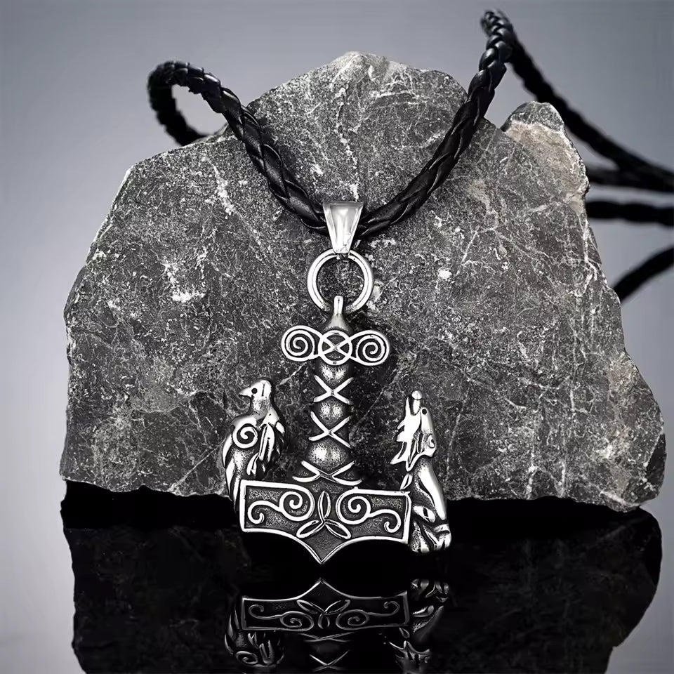 Mjolnir Wolf and Raven Necklace