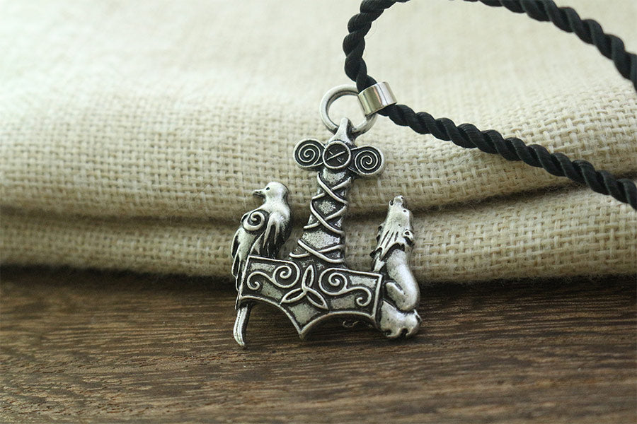 Mjolnir Wolf and Raven Necklace - Viking Valor