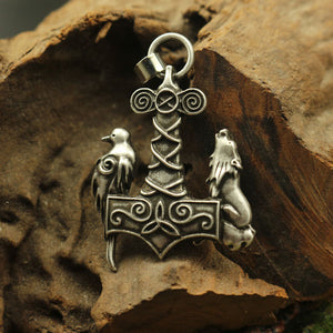 Mjolnir Wolf and Raven Necklace - Viking Valor